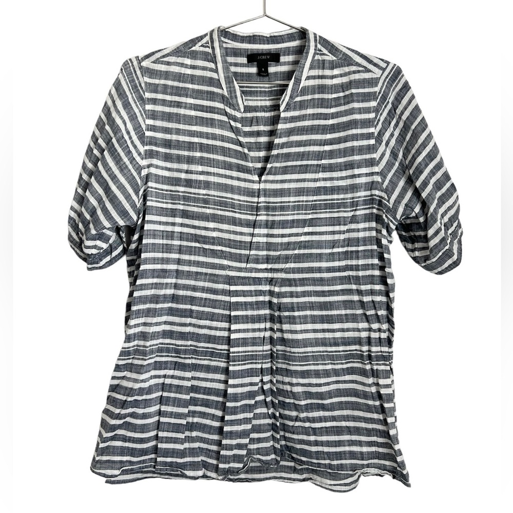 J. Crew Striped Gray & White V-Neck Top Short Sleeve Blouse Shirt Size Small